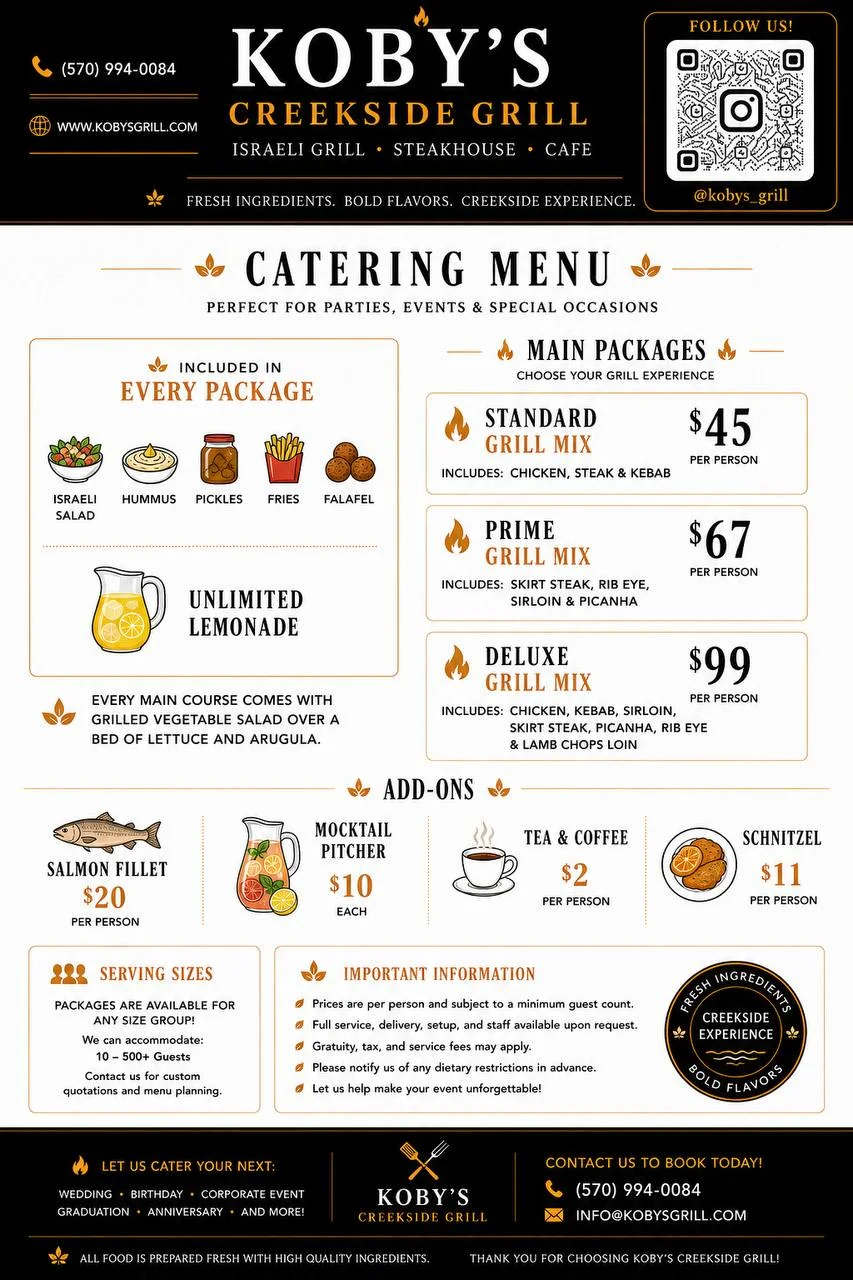 Koby's Creekside Grill catering menu